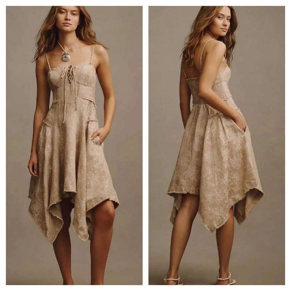 BY ANTHROPOLOGIE CORSET‎ LACE-UP SEAMED MINI DRESS in Beige sz L NEW